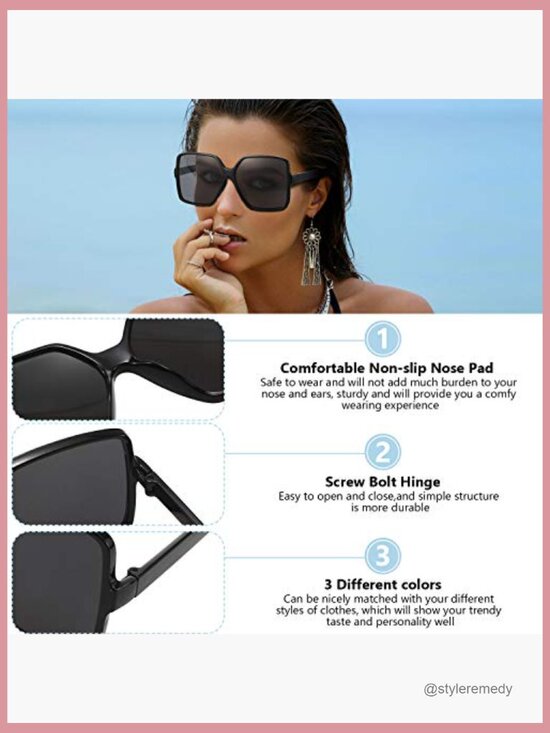 3 Pairs Oversized Square Sunglasses, Polycarbonate Lens, Polarized main image 6